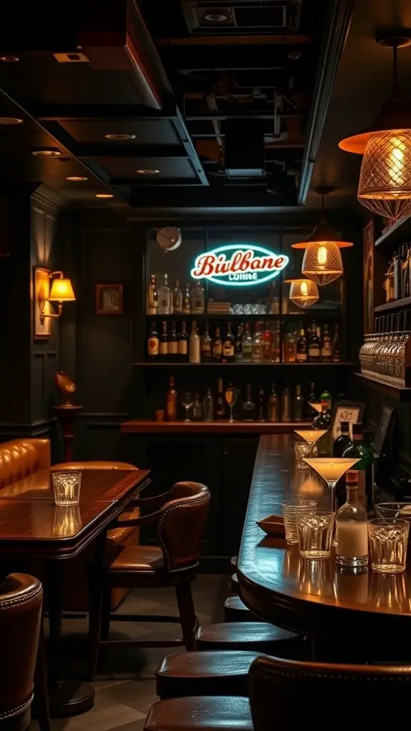A cozy classic cocktail lounge with warm lighting, a well-stocked bar, and comfortable seating.