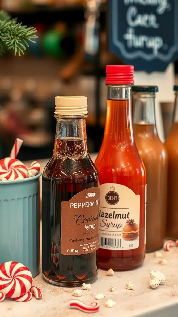 29+ Creative Hot Cocoa Bar Ideas for Cozy Gatherings 4 A selection of flavored syrups for a hot cocoa bar, including peppermint and hazelnut, with candy canes and a festive atmosphere.