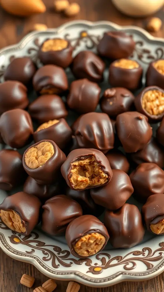 A platter of chocolate-dipped peanut butter balls, some whole and some cut in half to show the peanut butter filling.