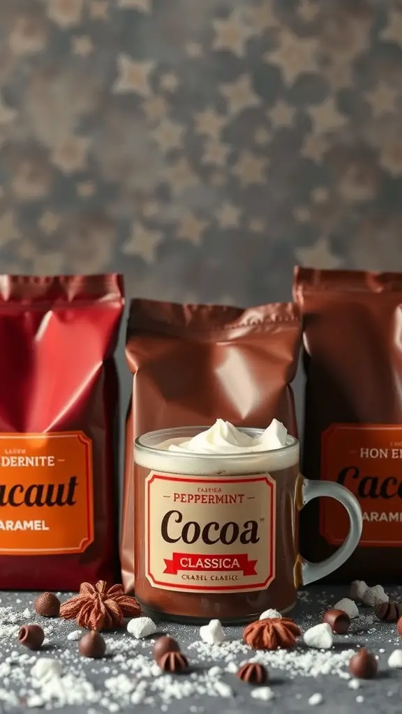 23+ Budget-Friendly Dollar Tree Hot Cocoa Bar Ideas 2 A cozy hot cocoa bar with various flavored cocoa packets and a mug of hot cocoa topped with whipped cream.