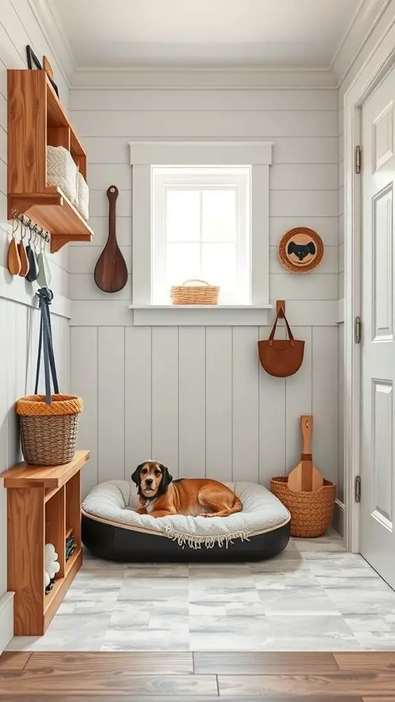 29+ Creative DIY Garage Mudroom Ideas You’ll Love 10 A cozy mudroom with a dog bed, storage shelves, and hooks for pet supplies.