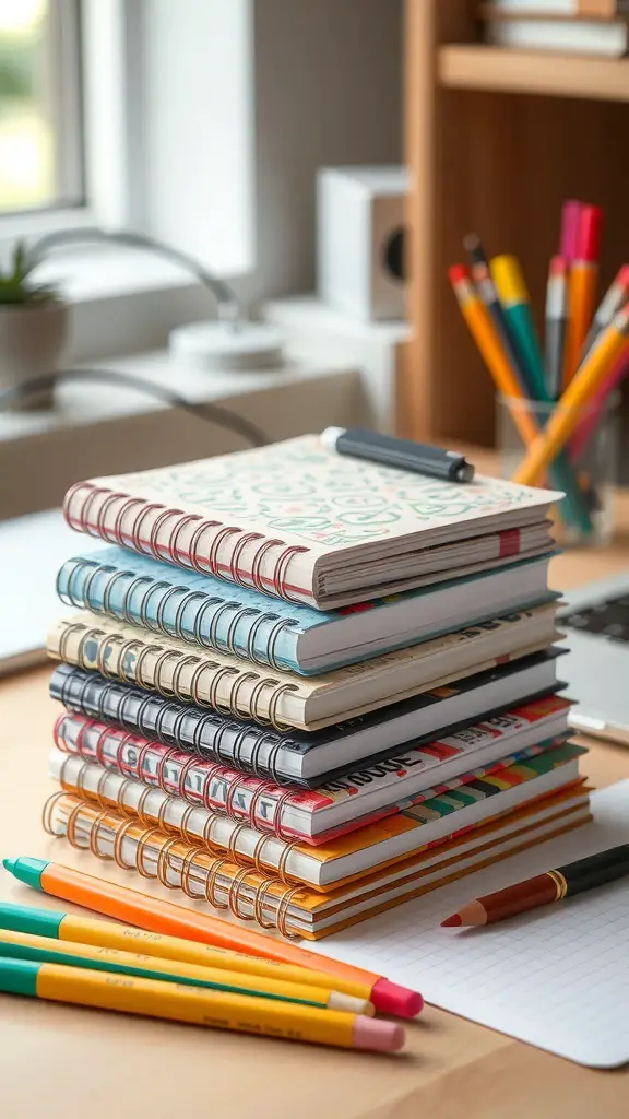 27+ Creative Dollar Tree Gifts for Your Coworkers 2 Stack of colorful customized notebooks with pens on a desk