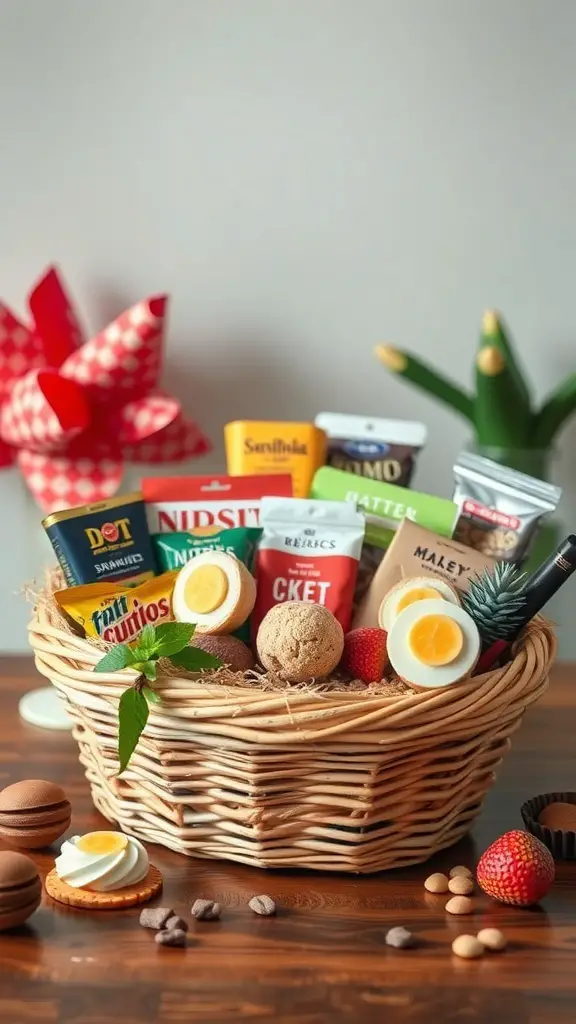 27+ Creative Dollar Tree Gifts for Your Coworkers 4 A beautifully arranged snack gift basket filled with various treats.