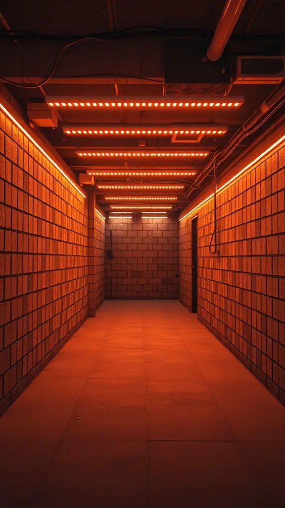 A hallway with warm LED strip lights illuminating the walls and ceiling.