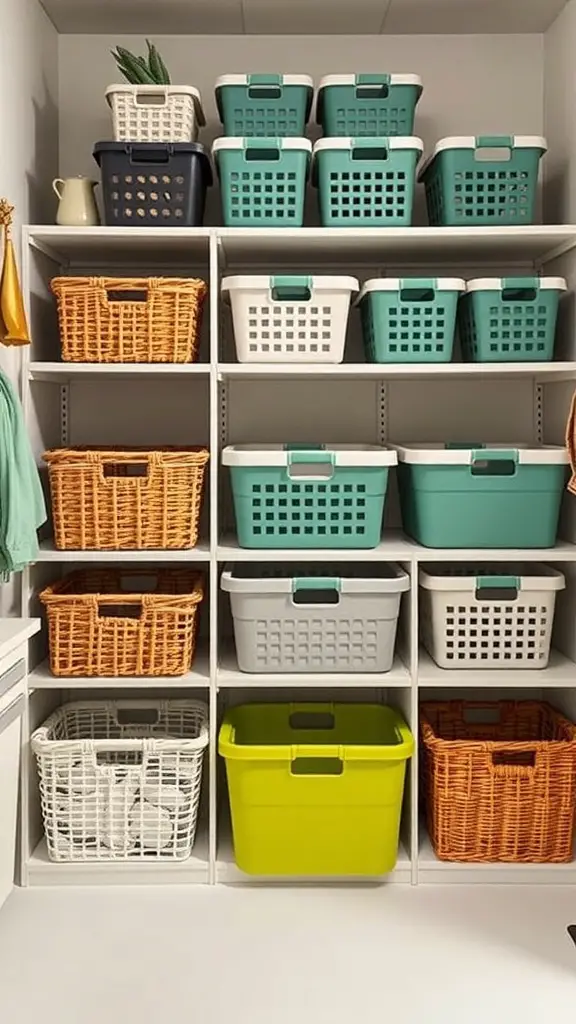 29+ Creative Dollar Tree DIY Crafts You Need to Try 2 A neatly organized shelf with colorful storage baskets from Dollar Tree.