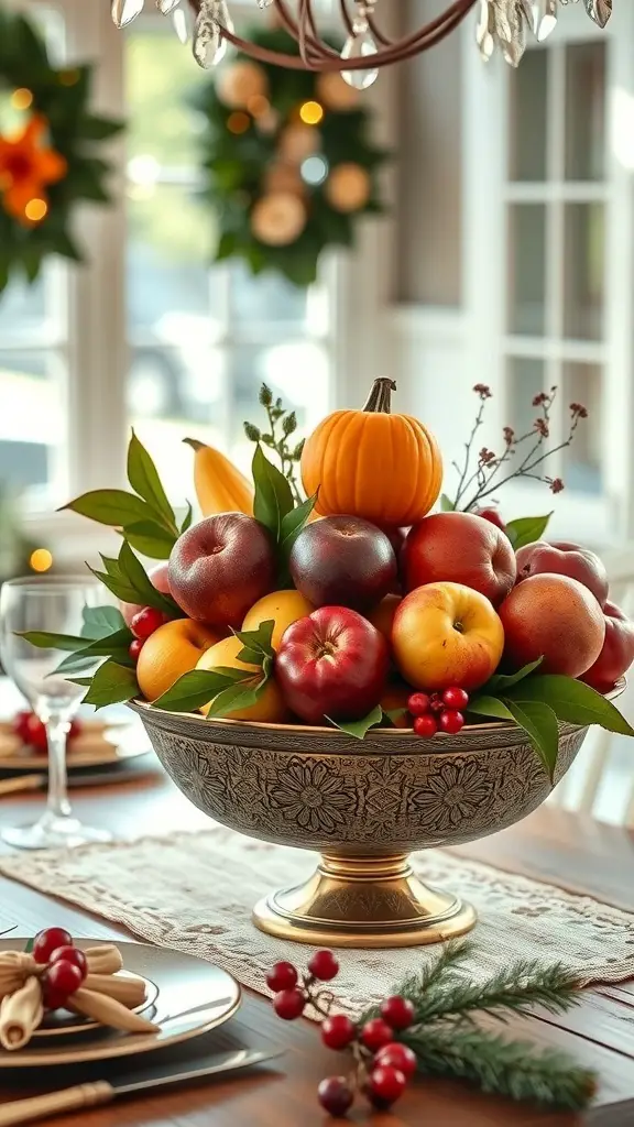 29+ Gorgeous Dollar Tree Centerpieces You Can Create for Any Occasion 2 A decorative bowl filled with seasonal fruits, including apples, oranges, and a small pumpkin, surrounded by greenery.