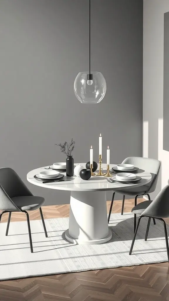 27+ Stunning Christmas Table Settings for Round Tables 4 A modern minimalist holiday table setting with a round white table, gray chairs, candles, and simple decor.