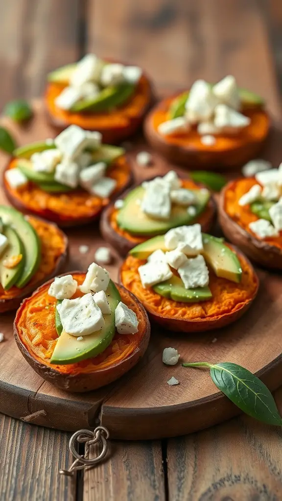 A wooden platter with spiced sweet potato rounds topped with green apple slices and crumbled feta cheese.