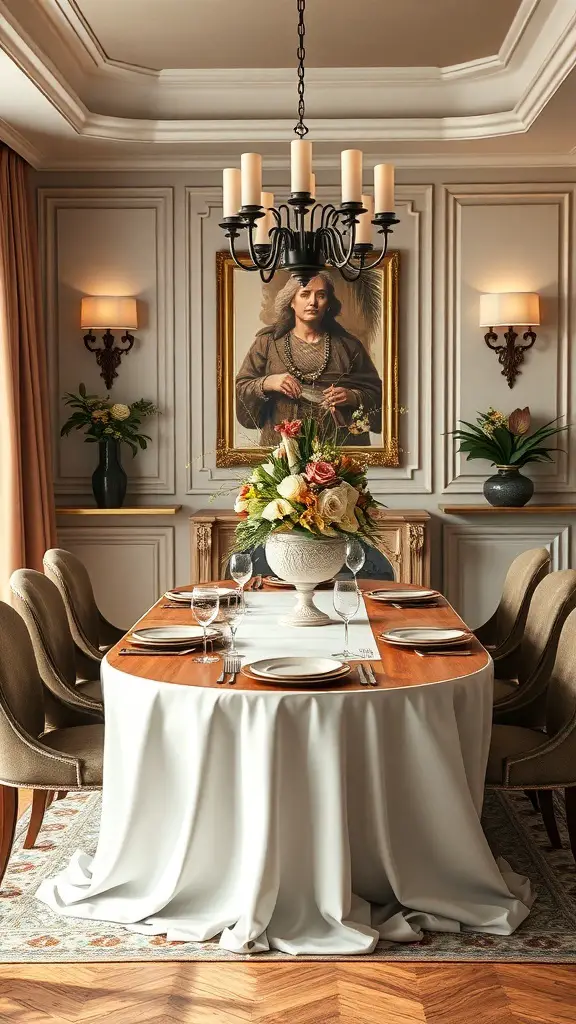 An elegantly set oval dining table with a floral centerpiece and chandelier above.