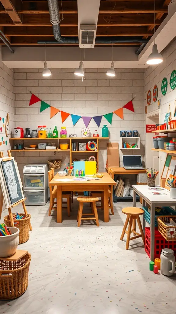 31+ Inspiring Ideas for Your Basement Family Room Makeover 6 A colorful family-friendly craft corner with tables, chairs, and craft supplies.