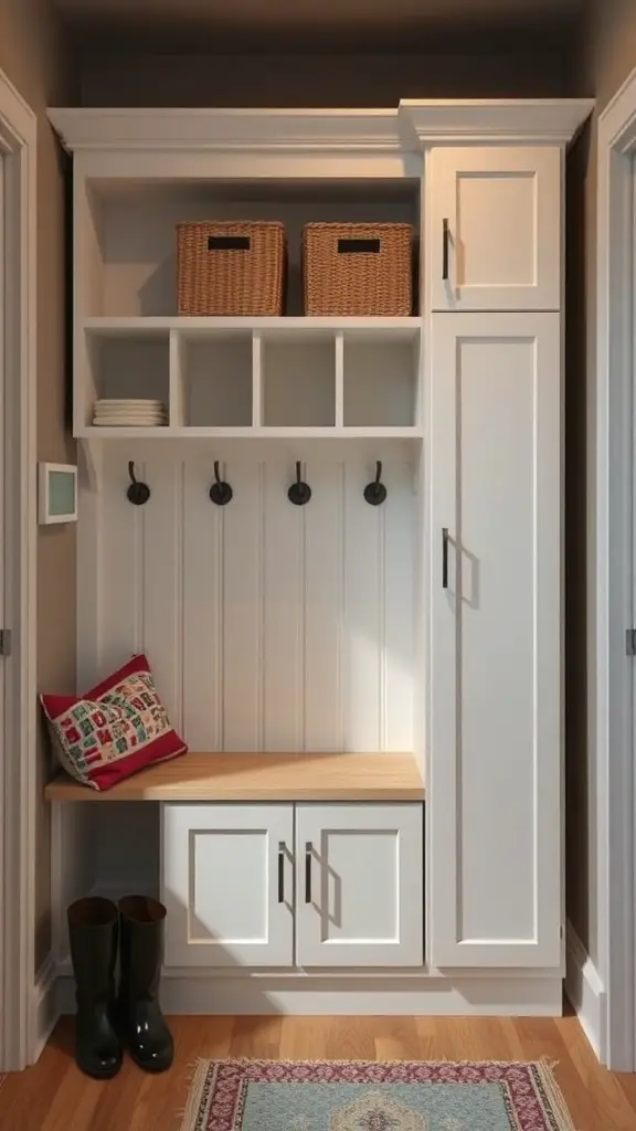 A compact mudroom locker featuring shelving, hooks, and a bench for storage and organization.