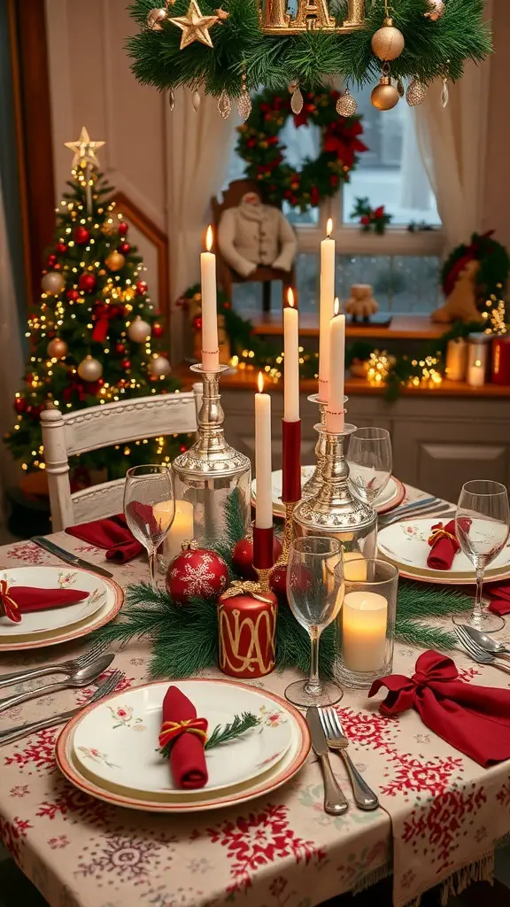 27+ Stunning Christmas Shop Decorations You Need This Season 2 A beautifully decorated holiday table setting with candles, red napkins, and a Christmas tree in the background.