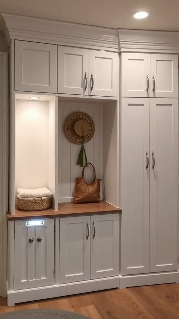 Mudroom cabinet with integrated lighting, featuring white cabinetry and a wooden countertop.