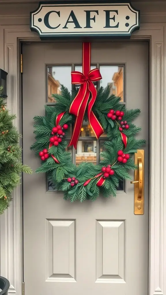 25+ Festive Cafe Christmas Decoration Ideas 2 A charming holiday wreath with red berries and a bow on a cafe door.