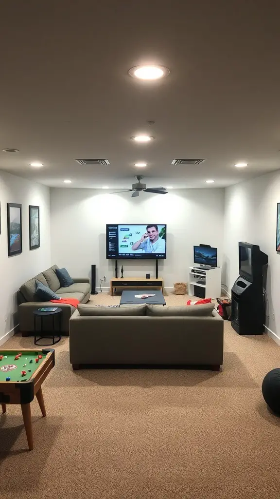 A cozy multi-purpose family room with a sofa, coffee table, gaming table, and a TV.