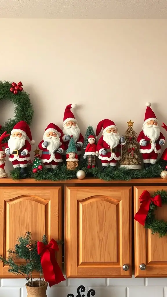 29+ Creative Christmas Decor Ideas for Above Kitchen Cabinets 15 A display of charming Santa figurines above kitchen cabinets, surrounded by festive decorations.