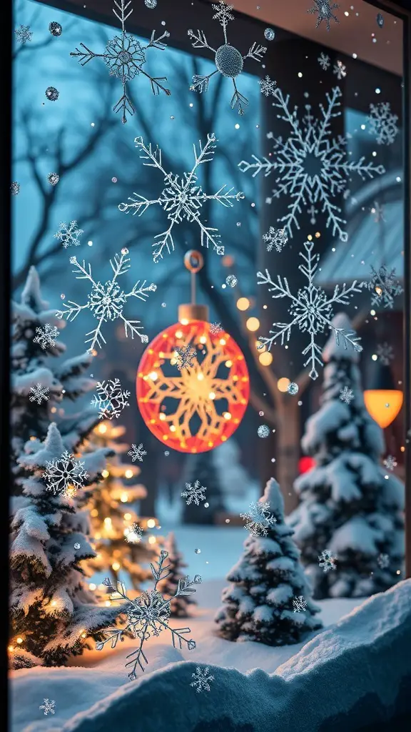 27+ Stunning Holiday Window Displays to Inspire Your Seasonal Decor 2 A winter wonderland themed window display featuring snowflakes, decorated trees, and a festive ornament.