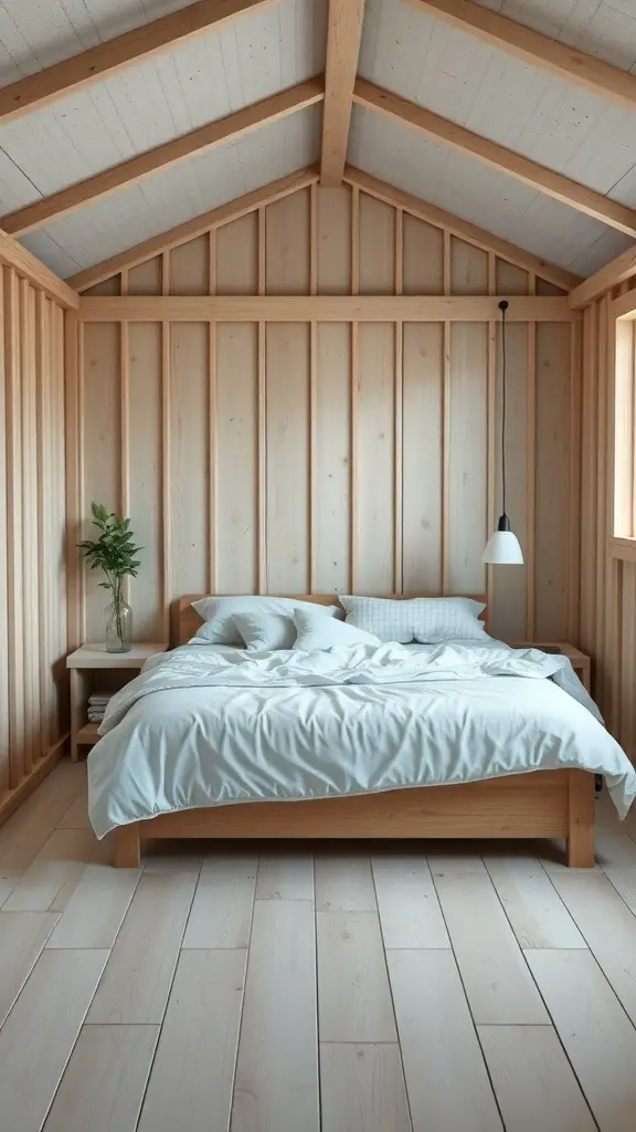 A minimalist shed bedroom featuring wooden walls, a cozy bed, and a small plant on a nightstand.