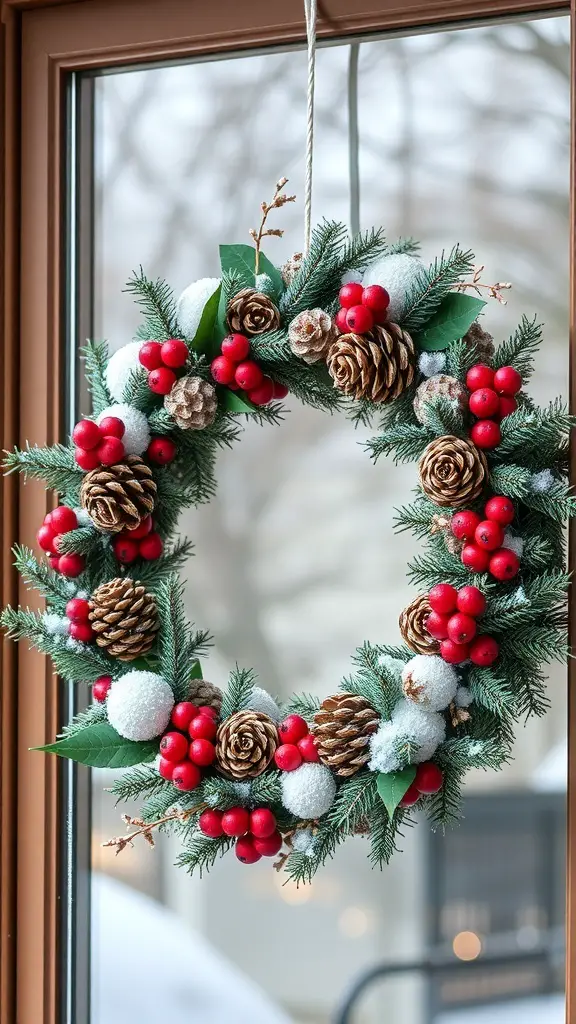 29+ Creative Winter Window Decoration Ideas for a Cozy Home 2 A winter wreath with pinecones, red berries, and snowy accents hanging in a window.
