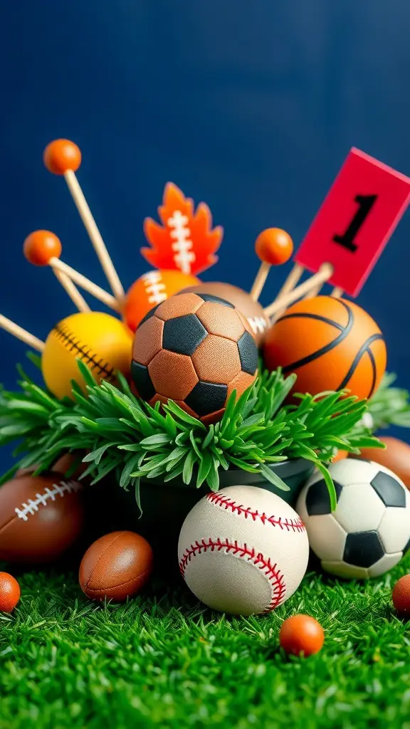 29+ Gorgeous Dollar Tree Centerpieces You Can Create for Any Occasion 15 A colorful sports-themed centerpiece featuring various sports balls on a green grass base.