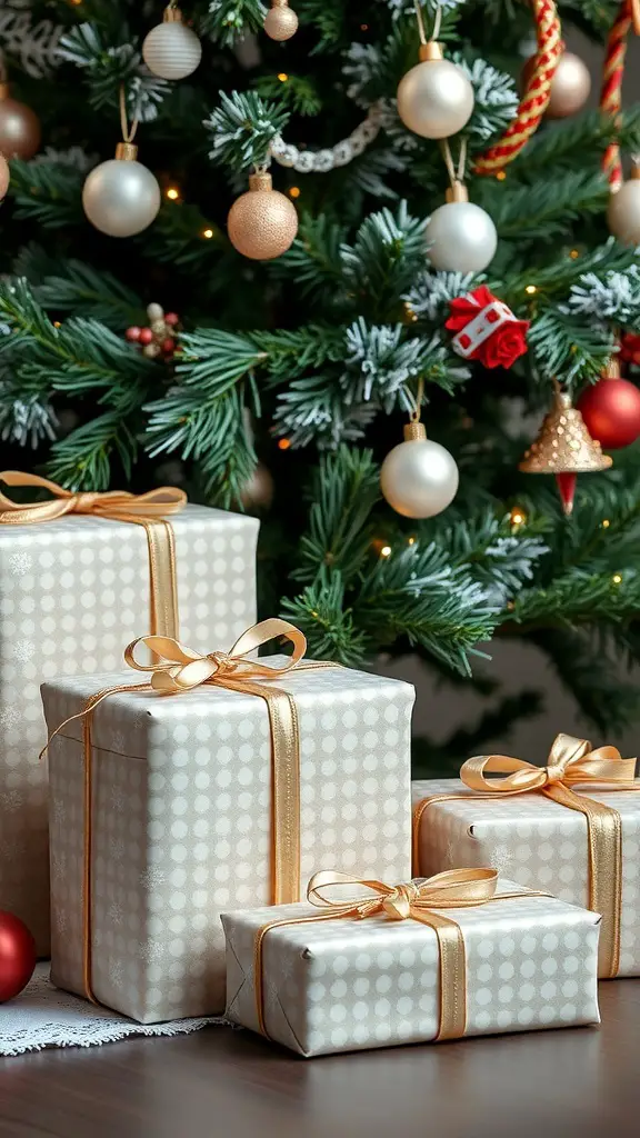 27+ Stunning Pearl Christmas Tree Decorations for a Glamorous Holiday Look 11 Beautifully wrapped gifts under a pearl-themed Christmas tree