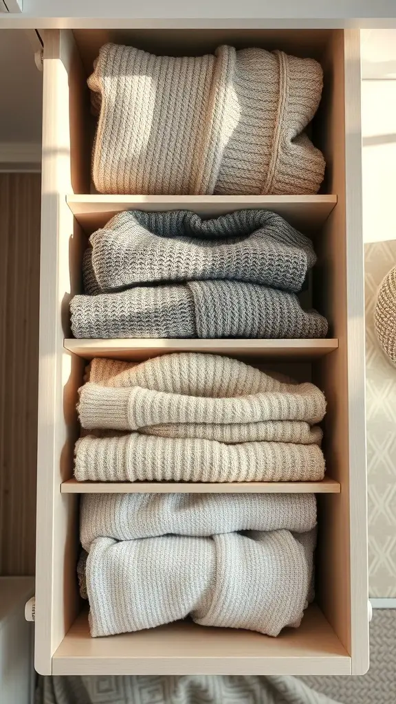 29+ Creative Sweater Storage Ideas to Maximize Your Closet Space 8 Neatly organized sweaters in a drawer with dividers