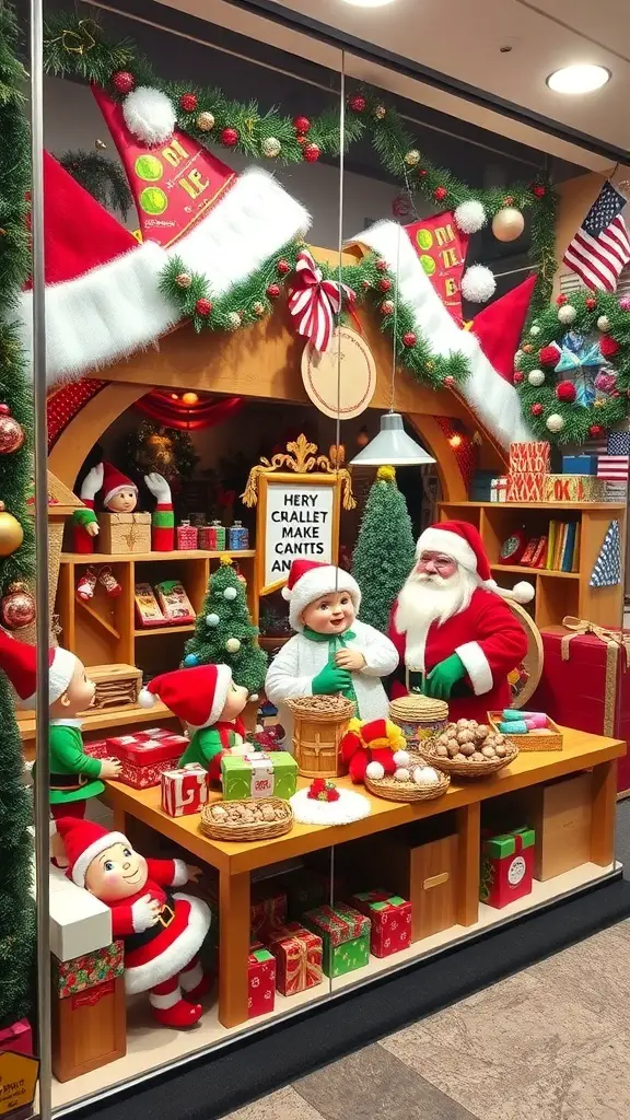 25+ Festive Christmas Store Displays to Inspire Your Retail Space 2 A festive display of Santa's workshop with Santa, elves, and colorful presents.