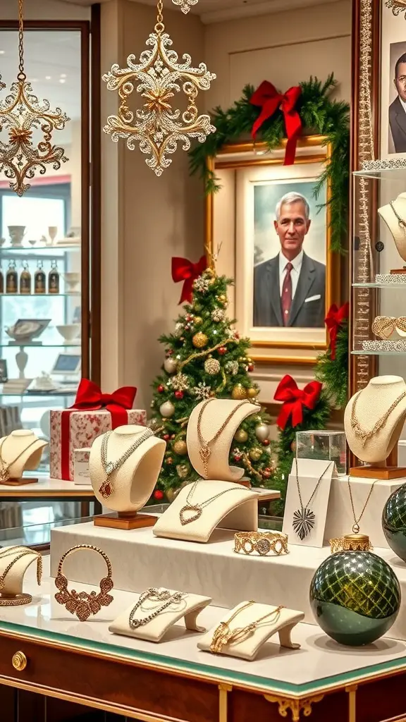 25+ Unique Christmas Boutique Ideas for Your Holiday Shopping 2 A display of seasonal jewelry in a boutique, featuring necklaces and holiday decorations.