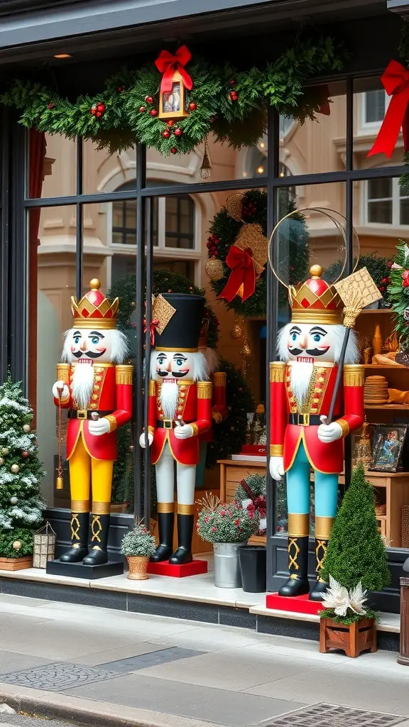 31+ Stunning Storefront Christmas Displays to Get You in the Holiday Spirit 2 A festive storefront display featuring colorful nutcracker figures, a Christmas tree, and holiday decorations.