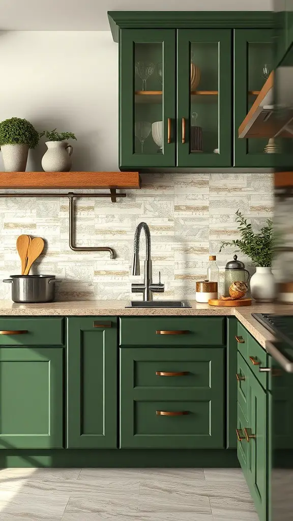 27+ Stunning Green Rustic Kitchen Cabinets for a Charming Makeover 11 A rustic kitchen featuring green cabinets and a textured backsplash.