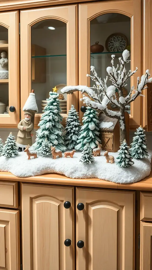 29+ Creative Christmas Decor Ideas for Above Kitchen Cabinets 2 A snowy winter wonderland scene above kitchen cabinets featuring a figure, evergreen trees, deer, and a rustic barn.