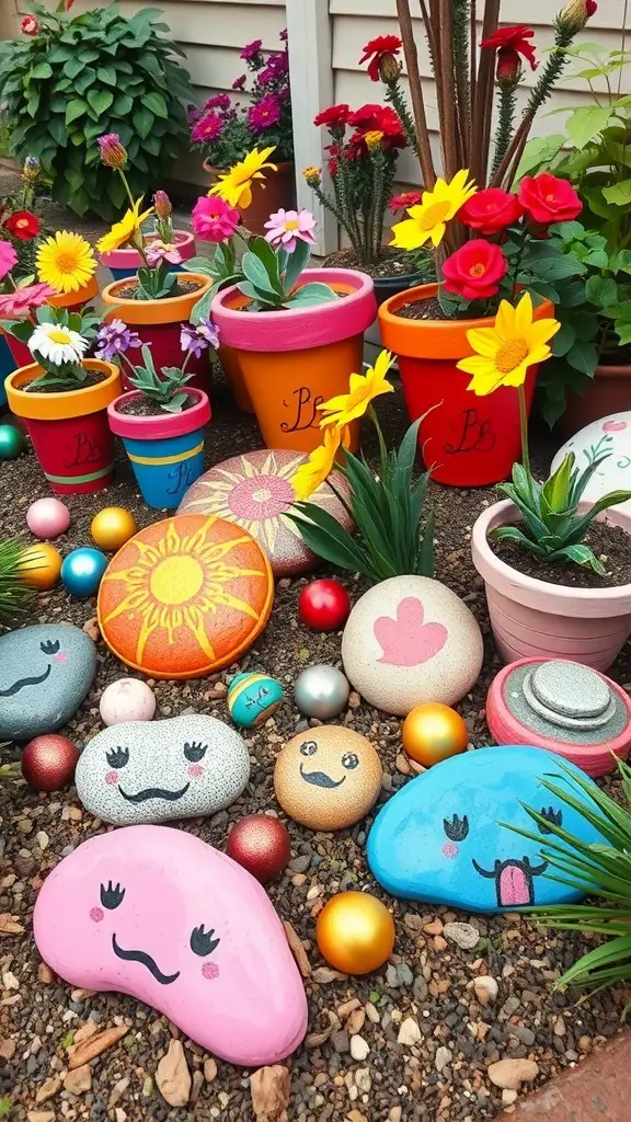 29+ Creative Dollar Tree DIY Crafts You Need to Try 4 Colorful garden decor featuring painted flower pots and whimsical rocks