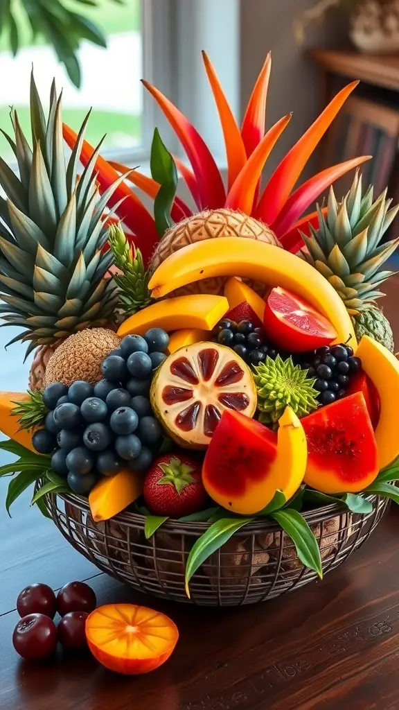 27+ Creative Christmas Island Centerpiece Ideas for Your Holiday Decor 3 A vibrant fruit display featuring pineapples, bananas, strawberries, and more in a decorative basket.
