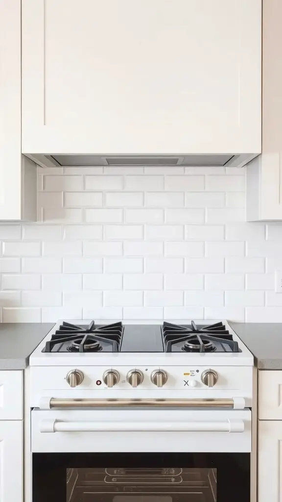 27+ Inspiring Stove Backsplash Ideas You’ll Love 2 A clean kitchen with a white subway tile backsplash behind a stove, featuring white cabinets and gray countertops.