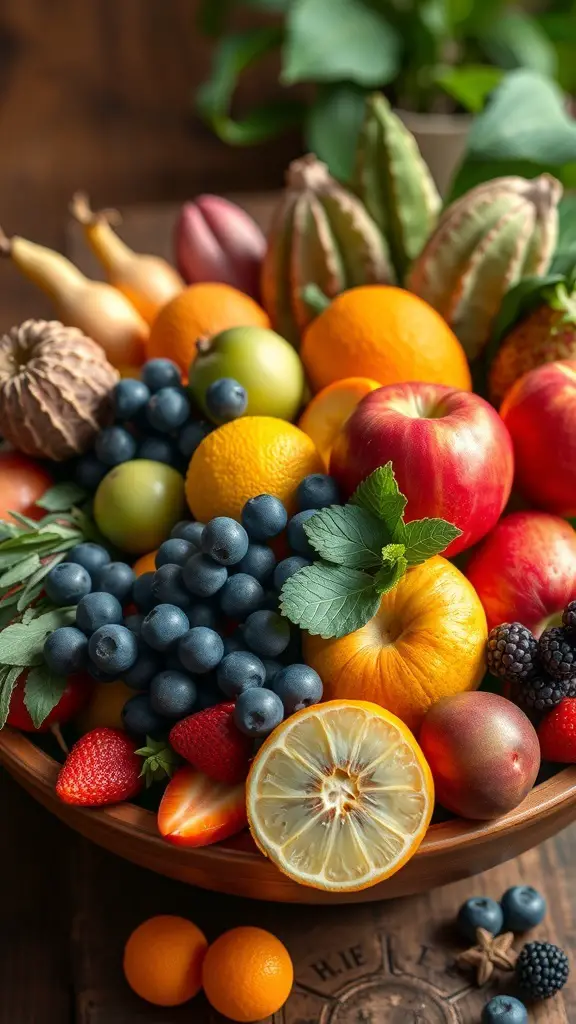 23+ Stunning Dining Table Centerpiece Ideas 2 A colorful display of various seasonal fruits in a bowl.