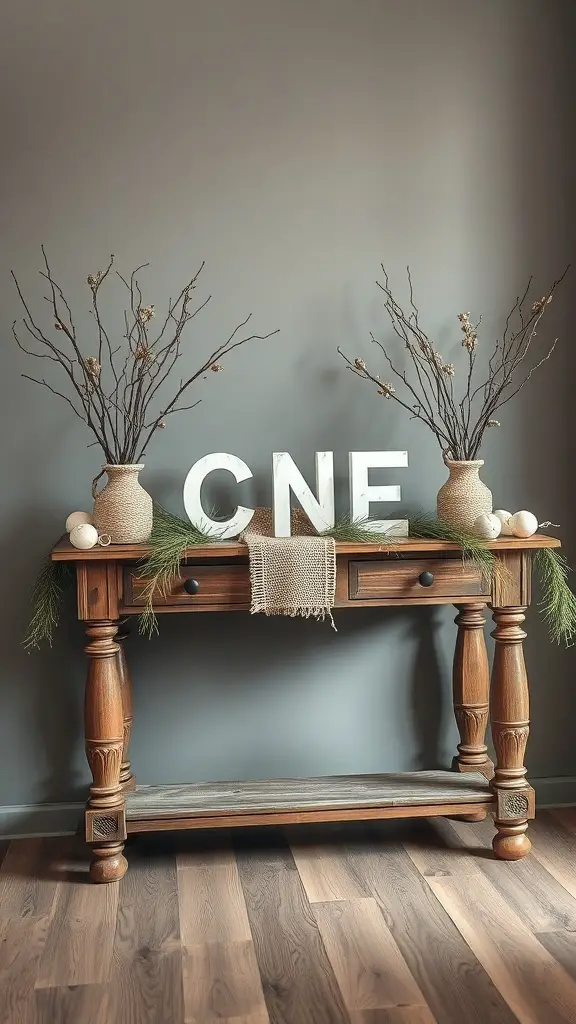 29+ Stunning Christmas Console Table Decor Ideas 2 A rustic wooden console table decorated for Christmas with vases, branches, and ornaments.