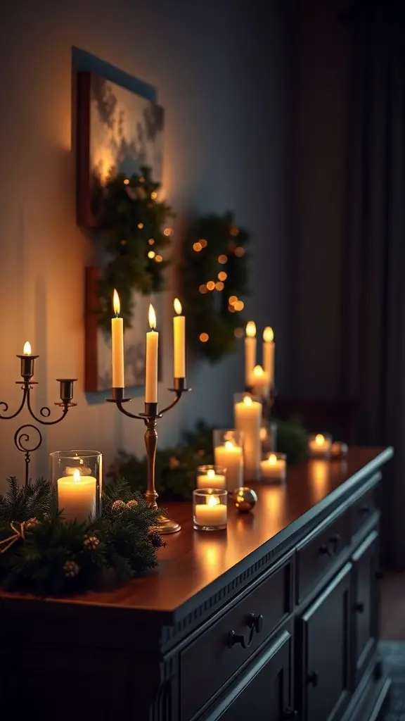 23+ Beautiful Christmas Sideboard Decor Ideas to Transform Your Home 2 A cozy sideboard decorated with candles and greenery for Christmas.