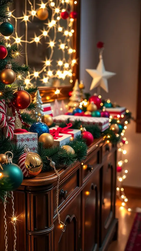 23+ Beautiful Christmas Sideboard Decor Ideas to Transform Your Home 3 A beautifully decorated sideboard for Christmas with ornaments, lights, and gifts.