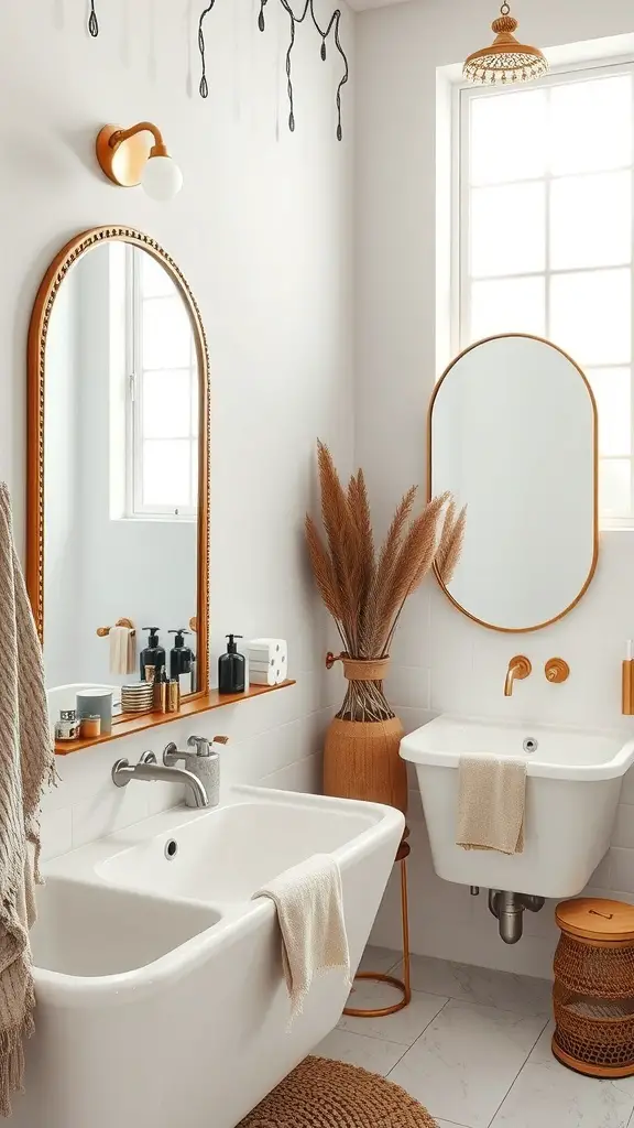 A stylish boho bathroom featuring two mirrors, one oval and one round, with natural decor elements.