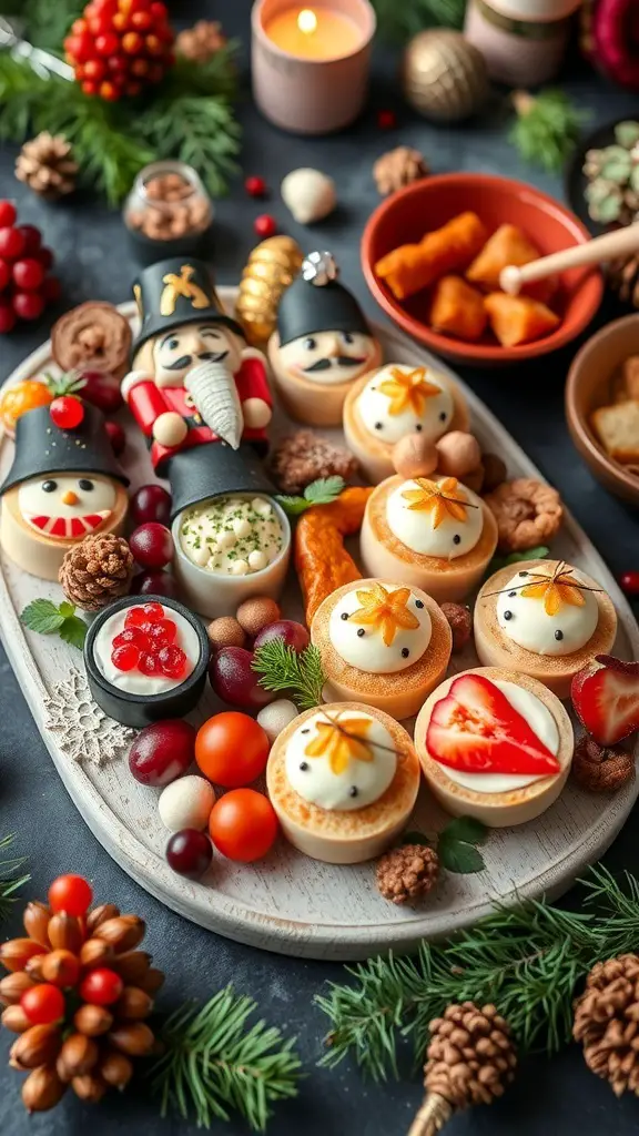 25+ Stunning Christmas Food Table Displays for Your Holiday Feast 2 A festive Nutcracker-inspired appetizer platter featuring cookies, mousse cups, and garnishes.