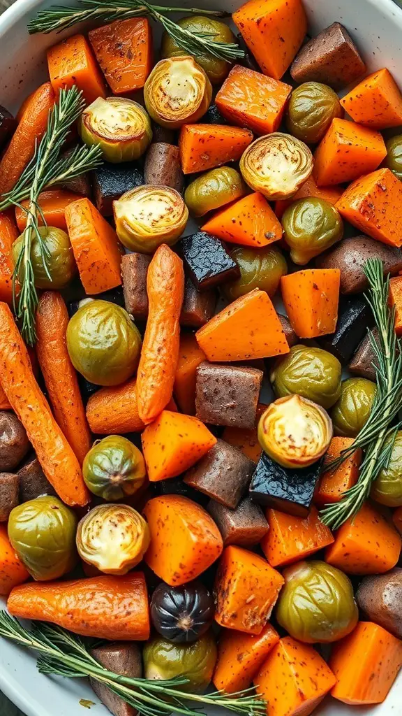 A colorful roasted vegetable medley featuring carrots, squash, and Brussels sprouts.