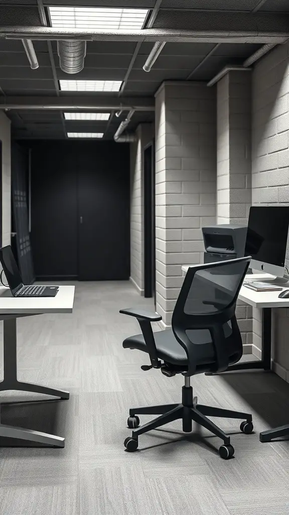 27+ Inspiring Basement Office Ideas for Ultimate Productivity 3 A modern basement office featuring ergonomic furniture, including a black chair and a spacious desk.