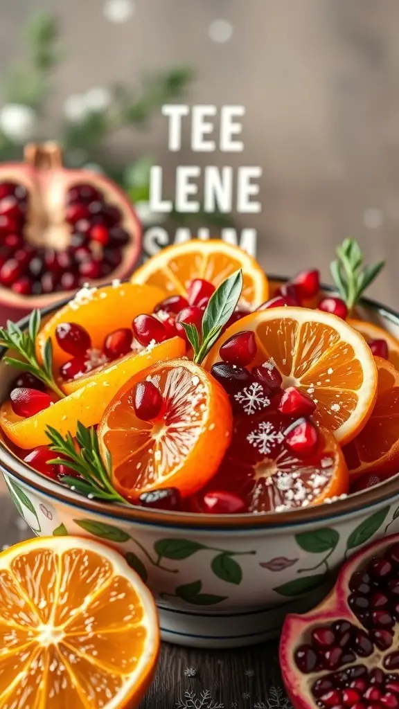 A bowl of winter citrus salad with orange slices and pomegranate seeds, garnished with rosemary.