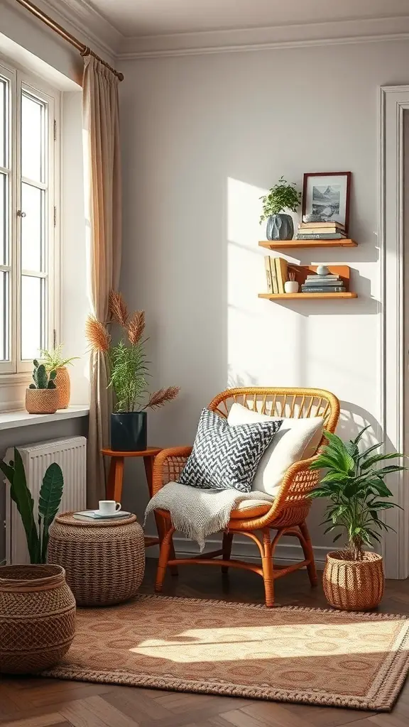 27+ Earthy Living Room Ideas with 15 Must-Have Items 3 A cozy reading nook with a rattan chair, cushions, plants, and a side table with a cup of tea.