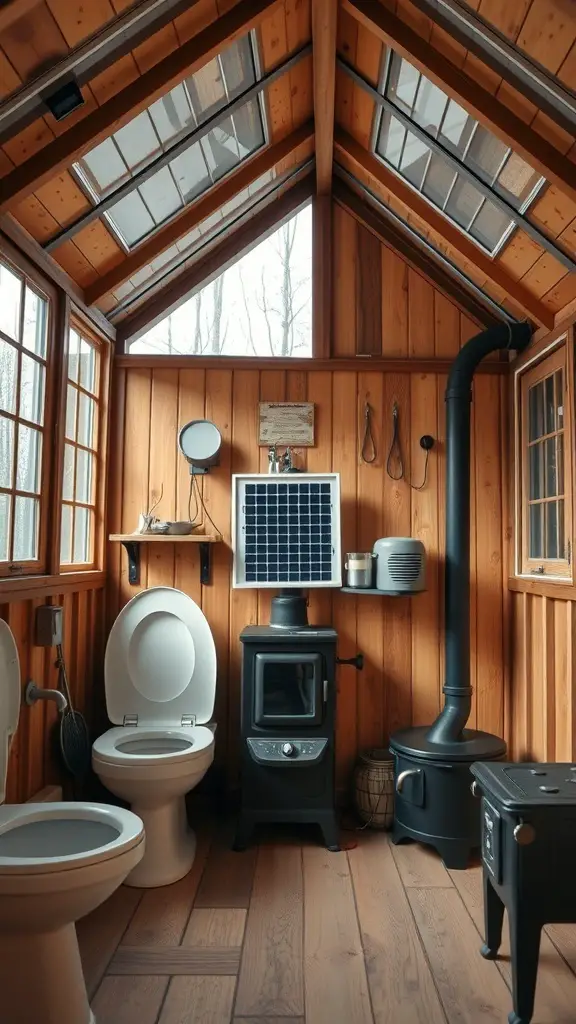 27+ Stunning Off-Grid Cabin Ideas for Your Dream Retreat 5 Interior of an off-grid cabin featuring wooden walls, solar panel, wood stove, and bathroom setup.