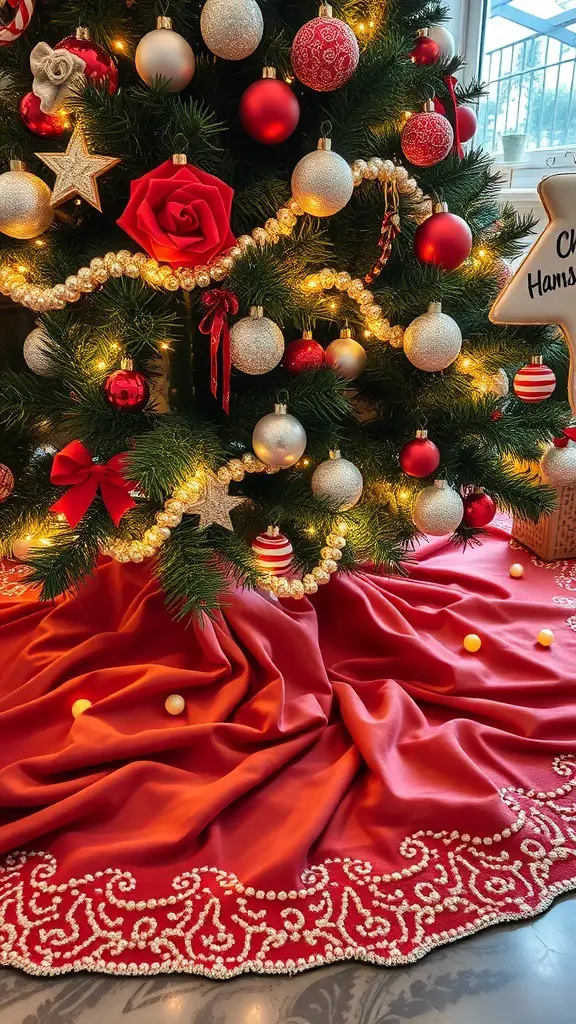 27+ Stunning Pearl Christmas Tree Decorations for a Glamorous Holiday Look 3 A Christmas tree with a pearl-studded red tree skirt, decorated with various ornaments and lights.