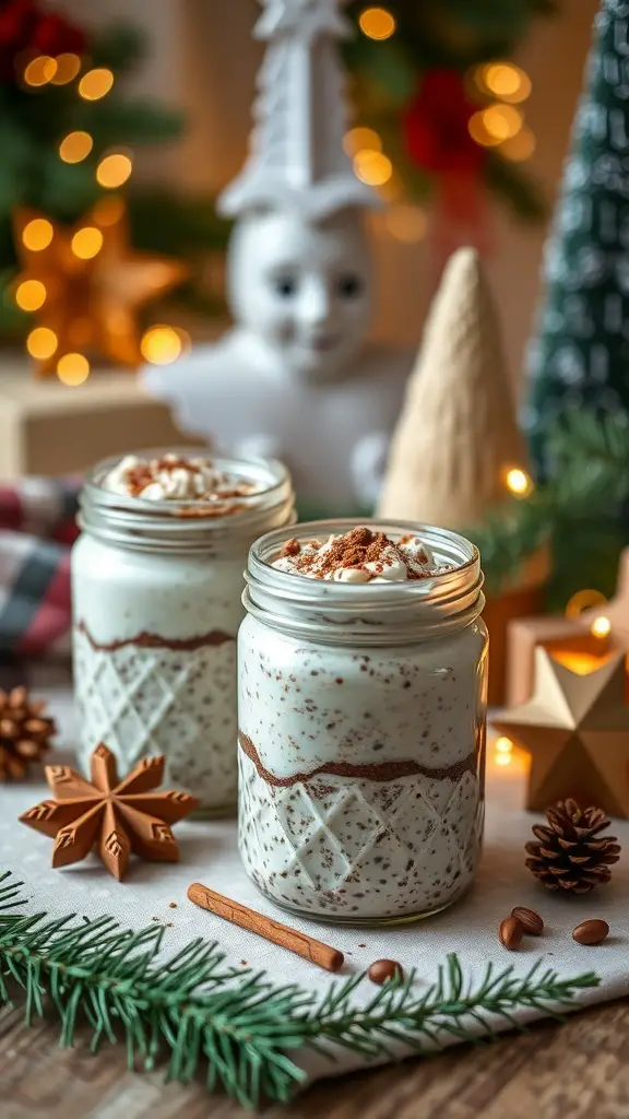 Jars of overnight oats topped with holiday spices, surrounded by festive decorations.
