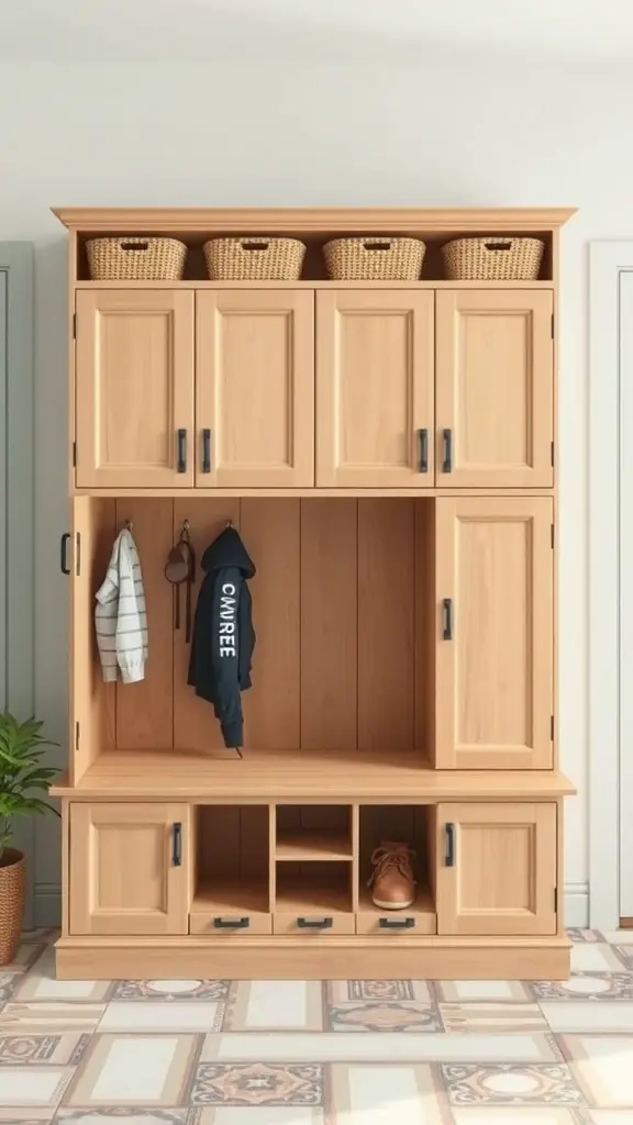 Wooden mudroom cabinet with lockable storage and woven baskets