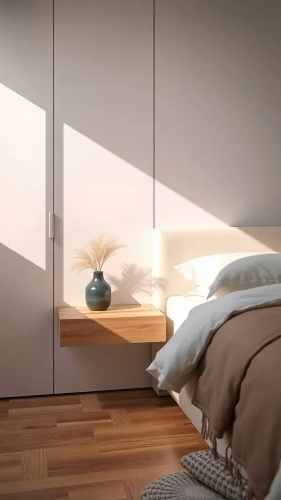 27+ Creative Bedside Table Ideas to Transform Your Bedroom 10 A minimalist bedroom with a custom built-in nightstand made of natural wood, featuring a vase and decorative plant.