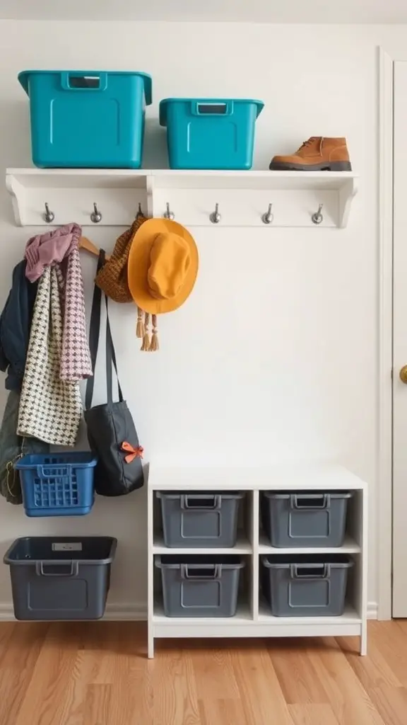 A coat rack with colorful storage bins and hooks for hanging clothes and bags.